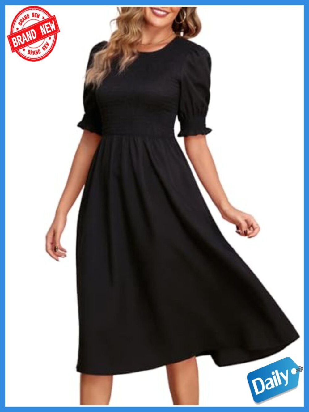 Casual Midi Dress Puff Sleeve Smocked Bodice Pockets
